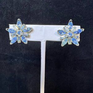 Vintage Pell Silver Tone Blue Rhinestone Clip On Earrings (3290)